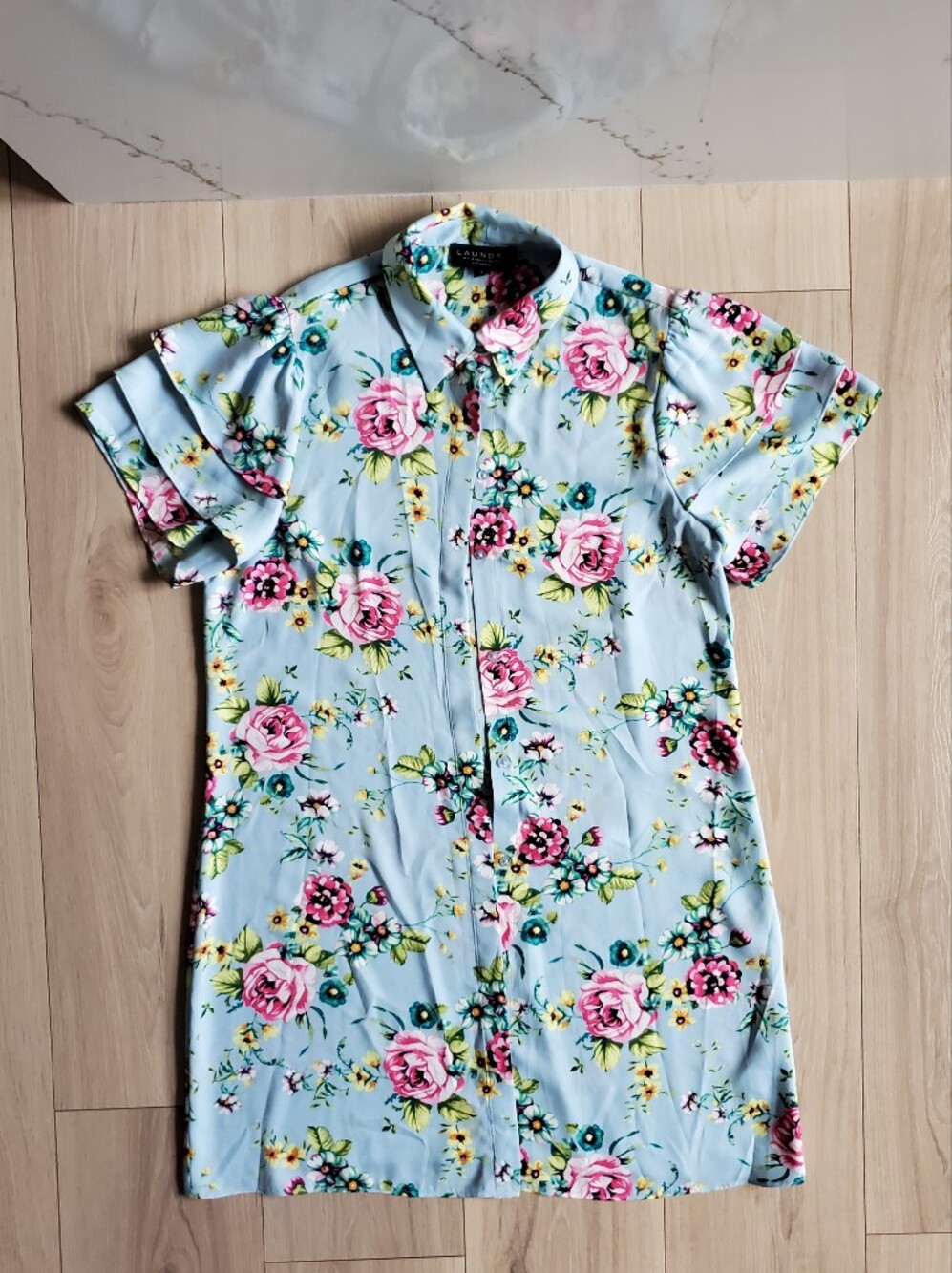 Laundry Shelli Segal Dress Womens Medium Light Blue Floral Button Front Mini